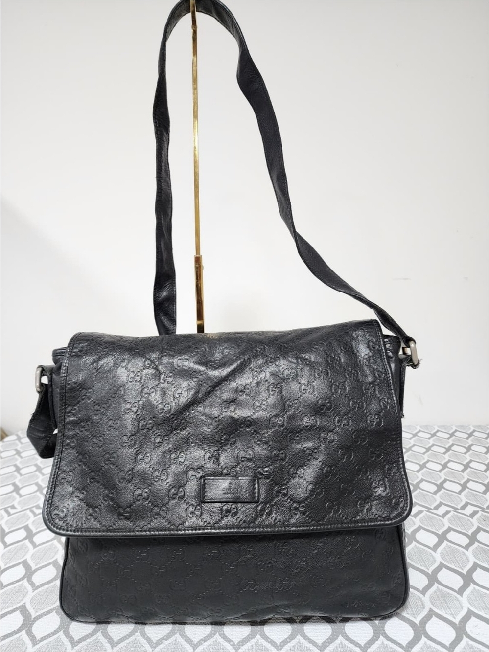 GUCCI Guccissima Medium Flap Messenger Bag Black